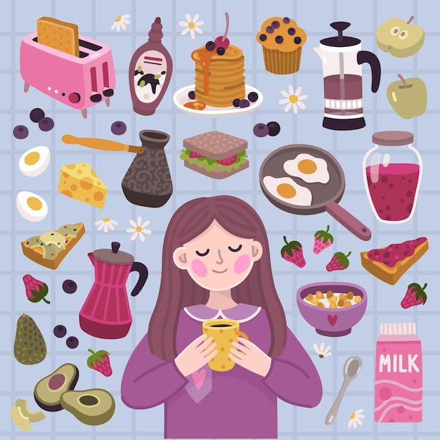 Vector cute illustration with breakfast girl and breakfast set