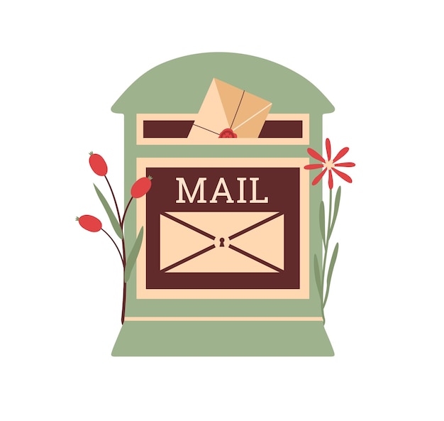 Vector cute illustration with vintage mail box surrounded by flower and plants with berries