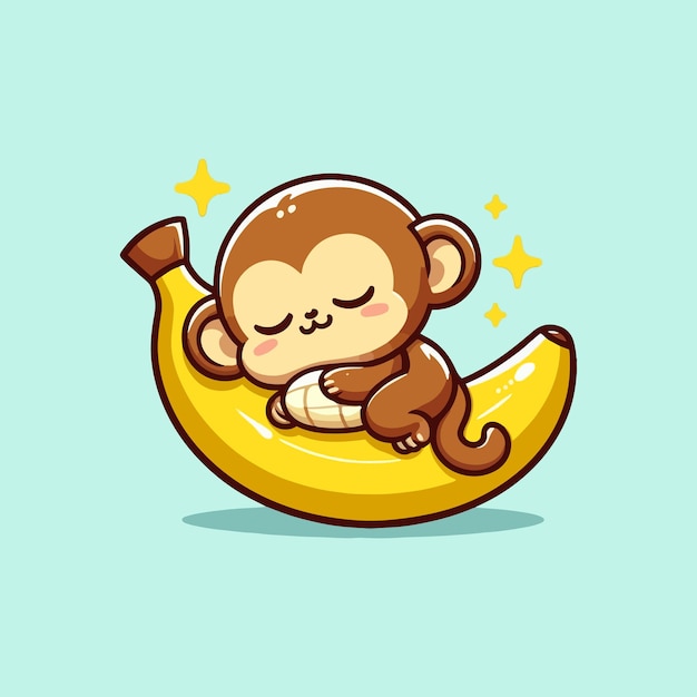 vector cute monkey sleeping on banana cartoon vector icon illustration animal food icon isolated