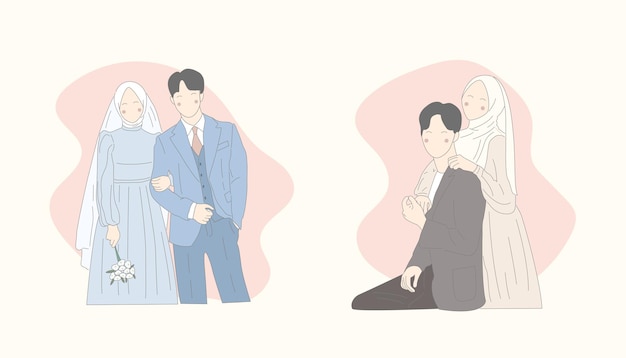 Vector cute muslim couple bride and groom illustration set