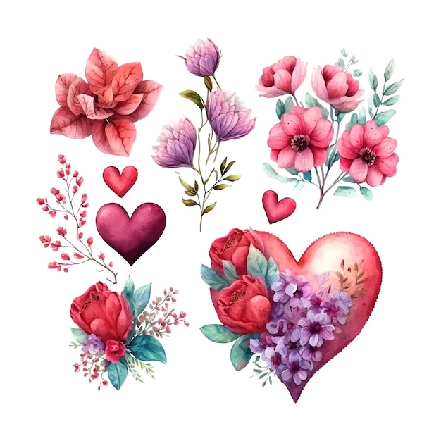 Vector cute objects and elements for valentines day cards flowers heart sweets cake key candy rose l