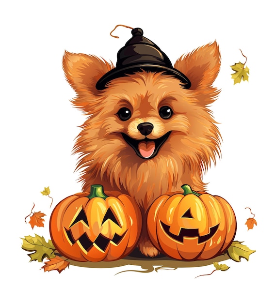 Vector cute orange dog with hat smiling halloween pumpkins with dog watercolor vector dog and pumpkins on white background