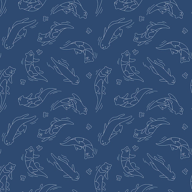 Vector Cute Otter Swimming with Clam Seamless Pattern Outline Background Wallpaper Blue And White