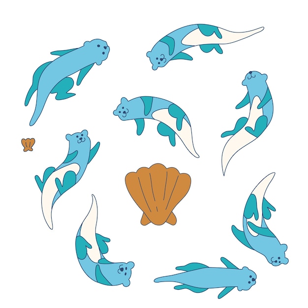 Vector Cute Otter Swimming with Clam Set Element Graphic Simple