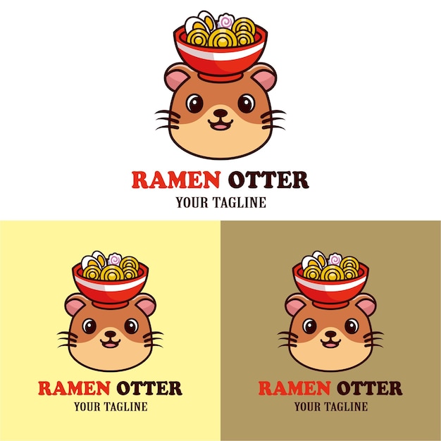 Vector cute otter with a bowl of ramen on his head logo mascot