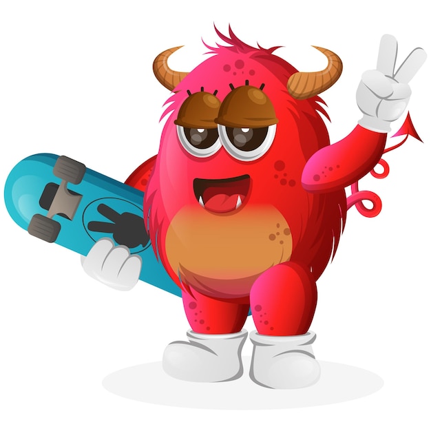 Vector Cute red monster carrying a skateboard