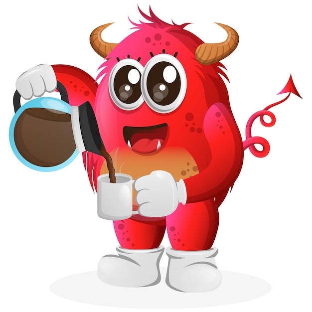 Vector Cute red monster drinking coffee coffee time