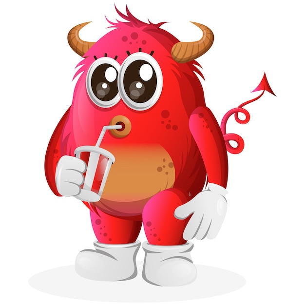 Vector Cute red monster drinking soda cola