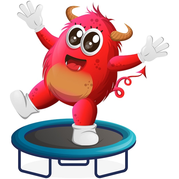 Vector vector cute red monster playing trampoline game