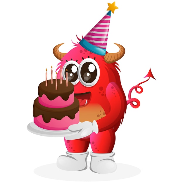 Vector Cute red monster wearing a birthday hat holding birthday cake