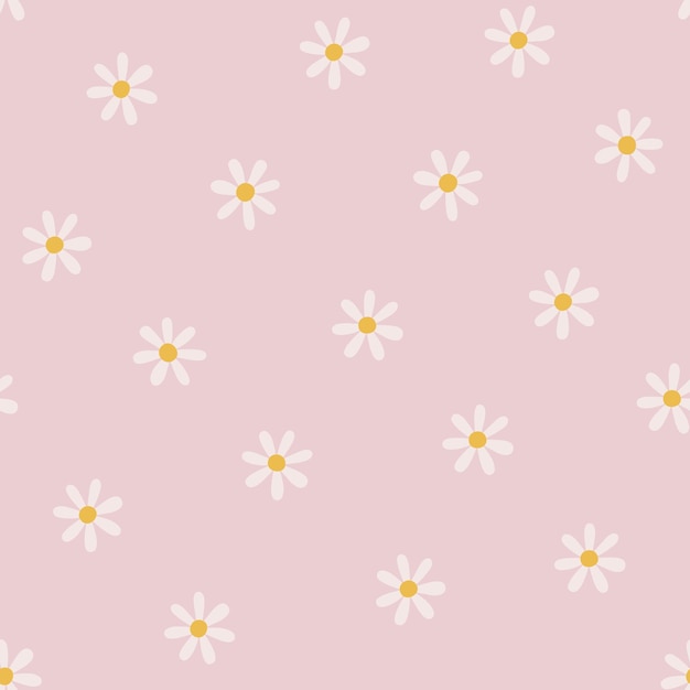 Vector cute seamless pattern with chamomile flowers and pastel pink background