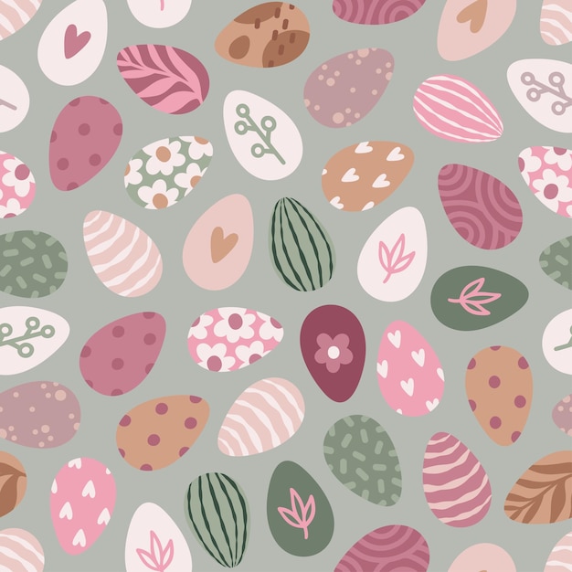 Vector cute seamless pattern with easter eggs and green pastel colors