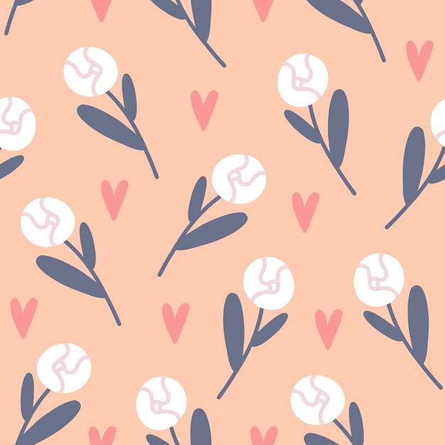 Vector cute seamless pattern with pion flowers and hearts