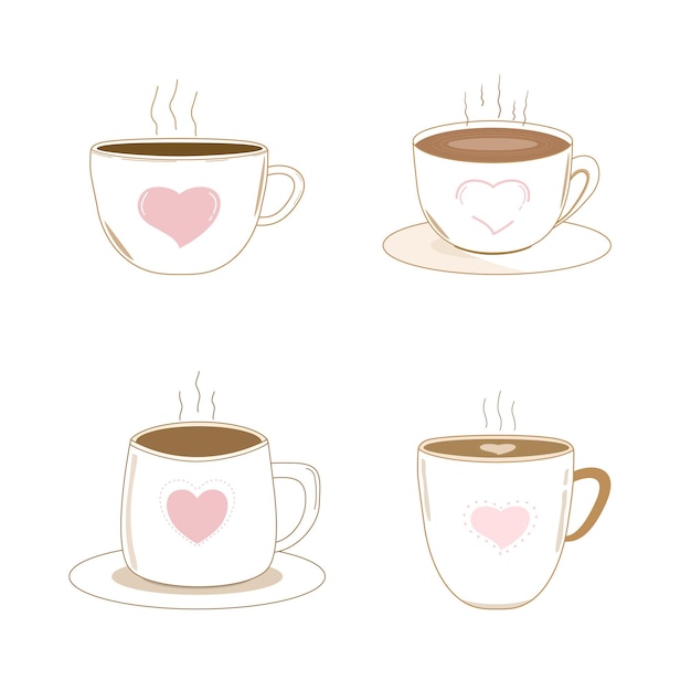 Vector  Cute set of hot coffee cup with pink heart Object Lovely Retro style Clip art