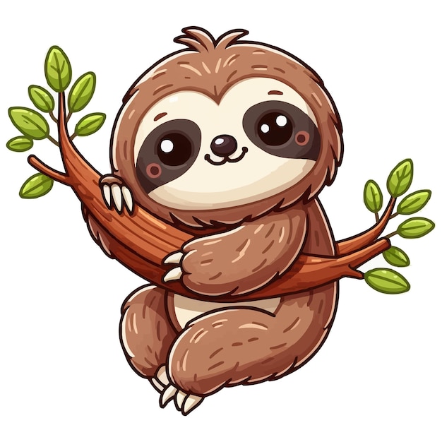 vector Cute sloth hanging on wood tree cartoon