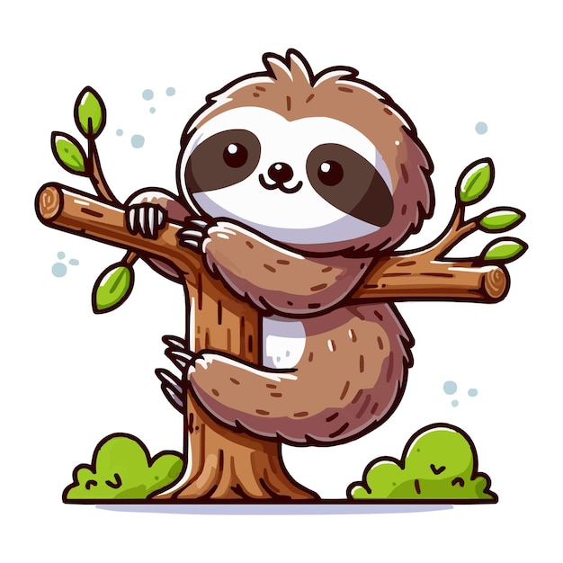 vector Cute sloth hanging on wood tree cartoon