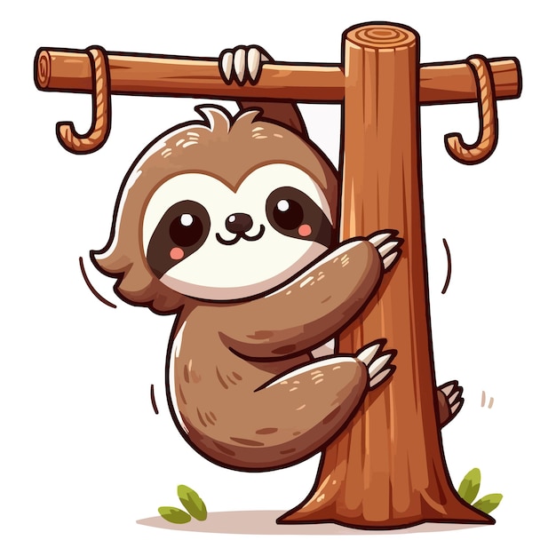 vector Cute sloth hanging on wood tree cartoon