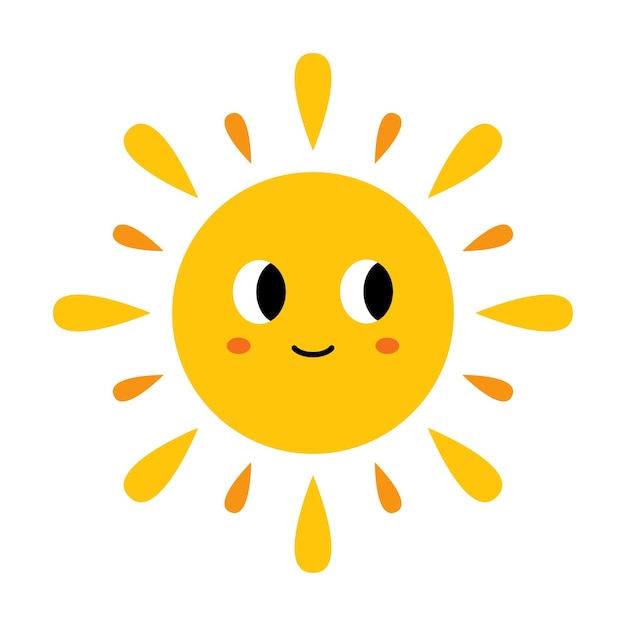 Vector cute sun with face Funny smiling sun in flat design Childish sunshine emoji Baby sun with sunbeams