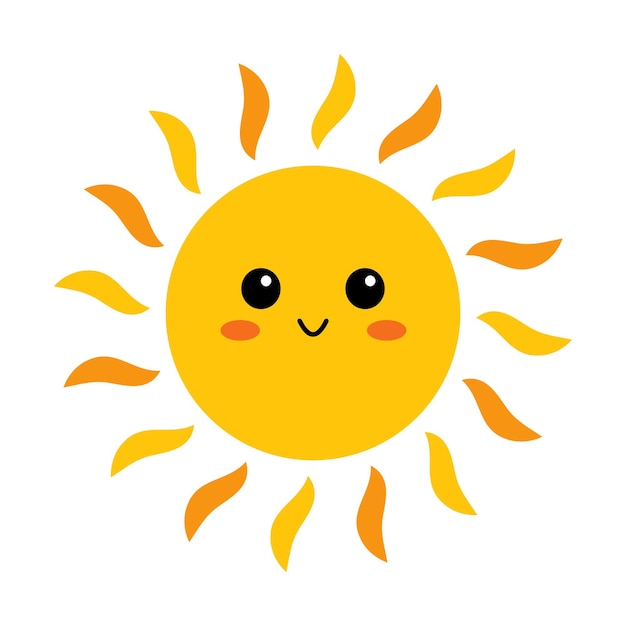 Vector cute sun with face Funny smiling sun in flat design Childish sunshine emoji Kawaii sun with sunbeams Baby sunshine clipart