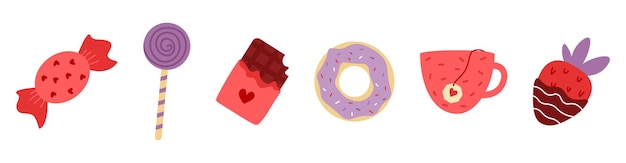 Vector cute sweets Cup with tea bag and chocolate covered strawberry Donut and lollipop