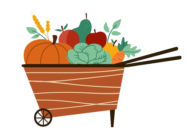 Vector cute wheelbarrow with apples pear pumpkin carrot Autumn garden clipart Funny flat style fruit and vegetables illustration isolated on white background Fall season harvest iconxA