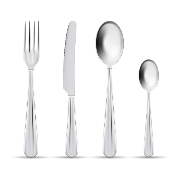 Vector Cutlery Set Of Silver Forks Spoons And Knifes Isolated On A White Background