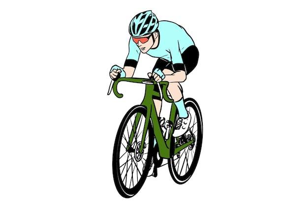 vector cycling bicycle rider athlete wearing sunglasses on road bike coloring silhuotte drawing helm