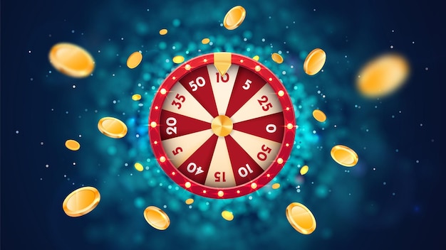 Vector d fortune wheel with golden flying coins on blue abstract background spin casino roulette and