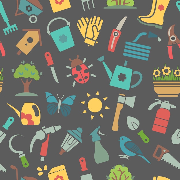 Vector dark seamless pattern of garden tools and accessories