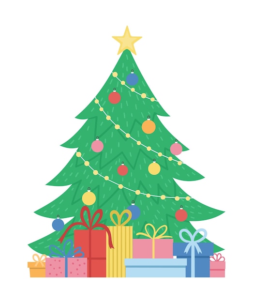 Vector decorated Christmas tree with presents isolated on white background. Cute funny illustration of new year symbol. Flat style picture for decorations or design.