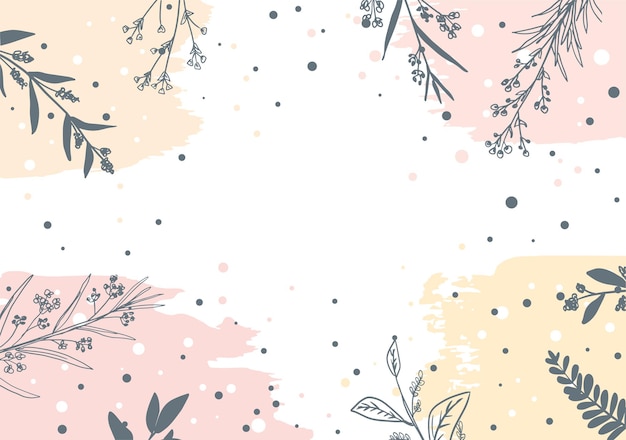 Vector Decorative floral banner with pastel pink brush strokes and gray flowers branches and dots