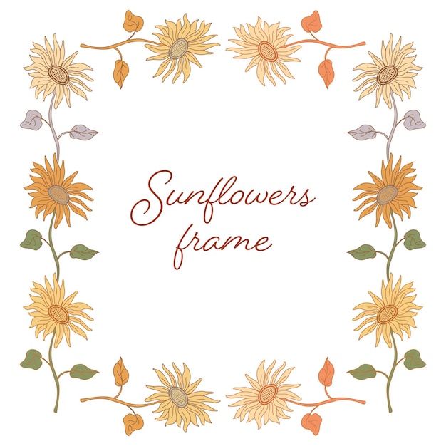 Vector decorative frame with beautiful sunflowers on long stems hand drawn vector illustration