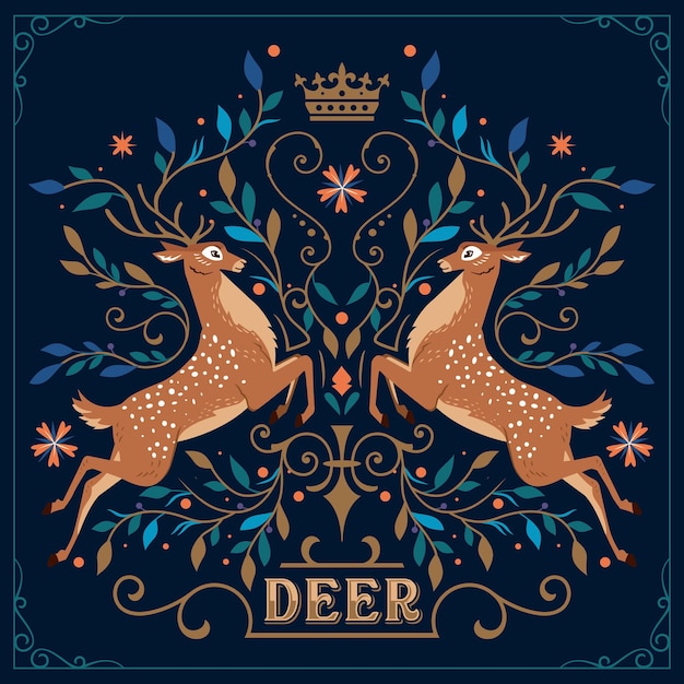 Vector deer is decorated with plants and leaves around it beautiful ornaments and leaves