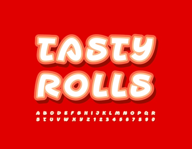 Vector delicious template Tasty Rolls. Sticker modern Font. Creative Alphabet Letters and Numbers