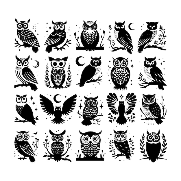 Vector vector design a collection of 9 owl silhouettes