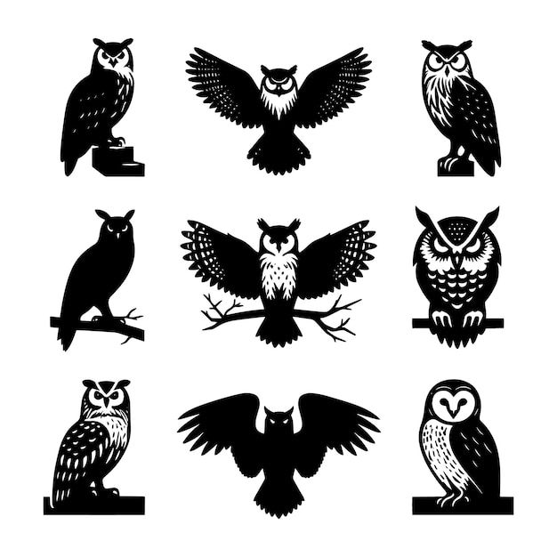 Vector vector design a collection of 9 owl silhouettes