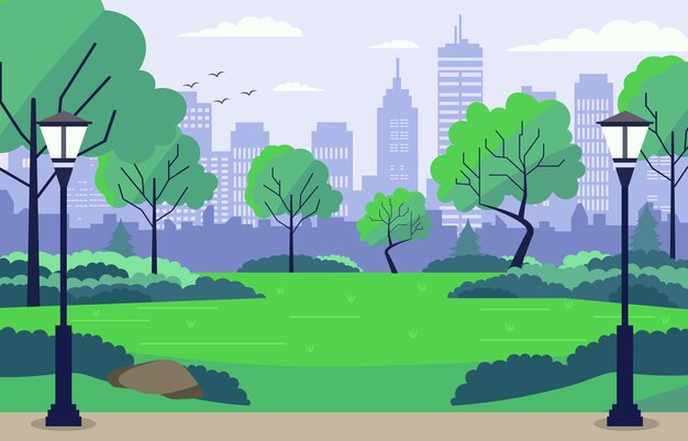 Vector vector design of green trees in city park with cityscape building in bright day