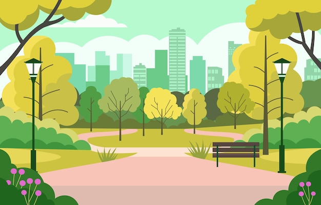 Vector Design of Green Trees in City Park with Skyscraper Building in Bright Day