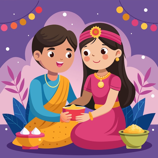 Vector design of Indian brother and sister celebrating Happy Bhai Dooj on colorful creative art styl