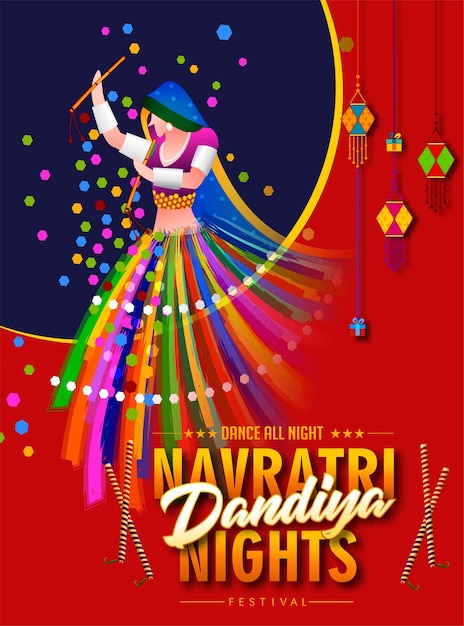 Vector vector design of indian couple playing garba in dandiya night  in disco poster for navratri dussehra