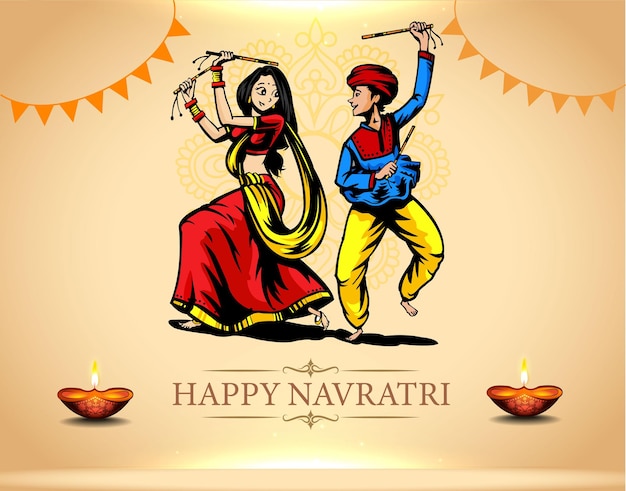 Vector design of Indian couple playing Garba in Dandiya Night  in disco poster for Navratri Dussehra