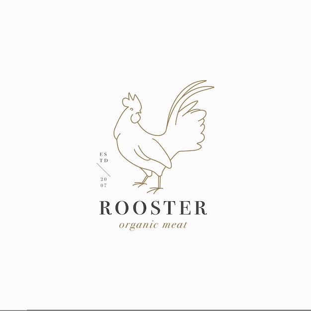 Vector design linear template logo or emblem - farm rooster. Abstract symbol for meat shop or butchery.