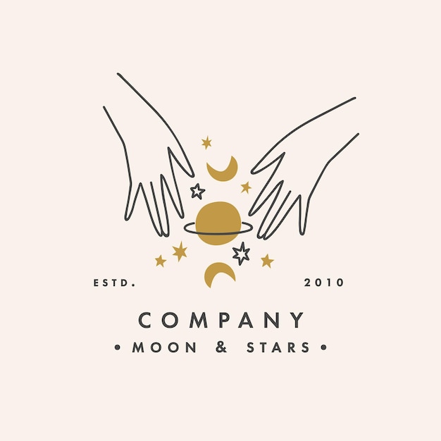 Vector design linear template logo or emblem - hands folded in prayer with planet and moon sign. Abstract symbol for cosmetics and packaging or beauty products.