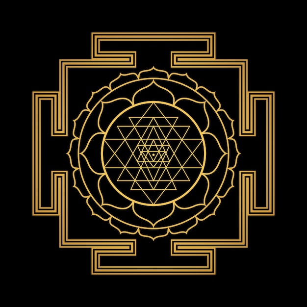 Vector design shiny gold Tripura Sundari Shodashi aspect Yantra Dasa Mahavidya sacred geometry divine mandala illustration bhupura lotus petals isolated black background