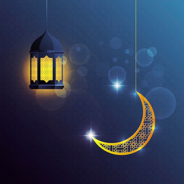 Vector design of traditional muslim golden attributes of lantern and moon with patterns isolated on