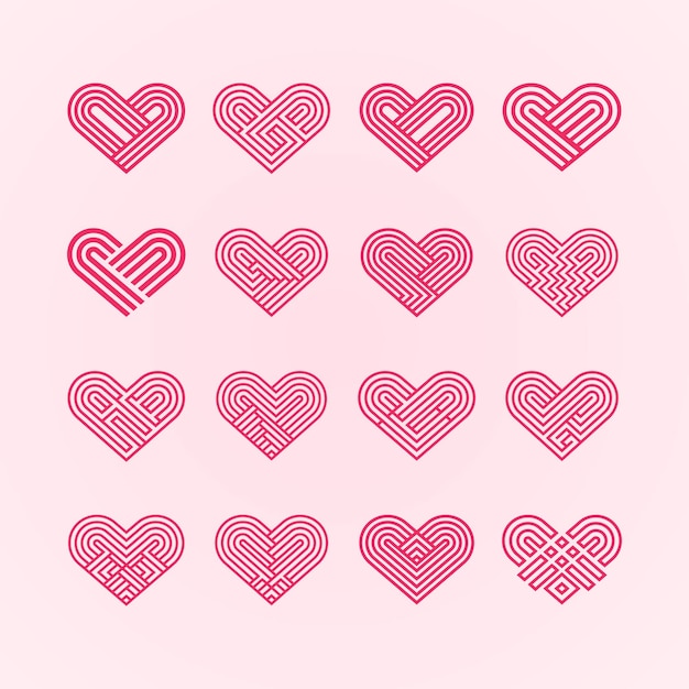 Vector different hearts set. flat &amp; line heart symbols. isolated illustration. collection