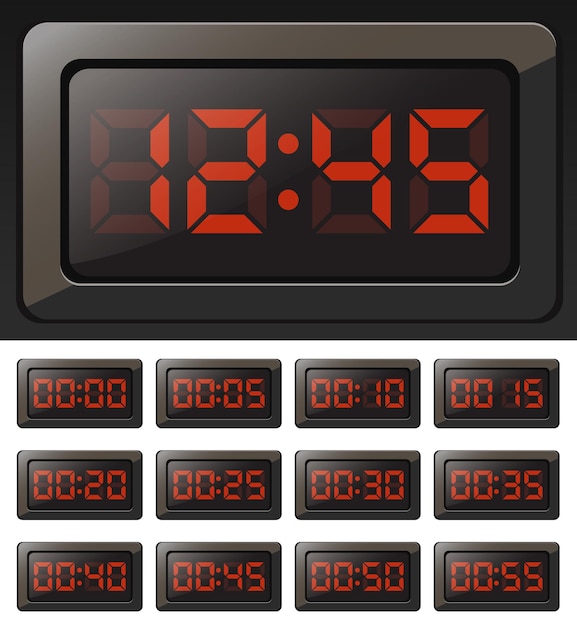 Vector digital clock and timers with red numbers