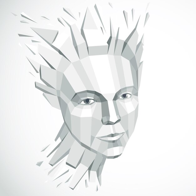 Vector vector dimensional low poly female portrait, graphic monochrome illustration of human head broken into fragments. 3d demolished object created with fractures and different particles.