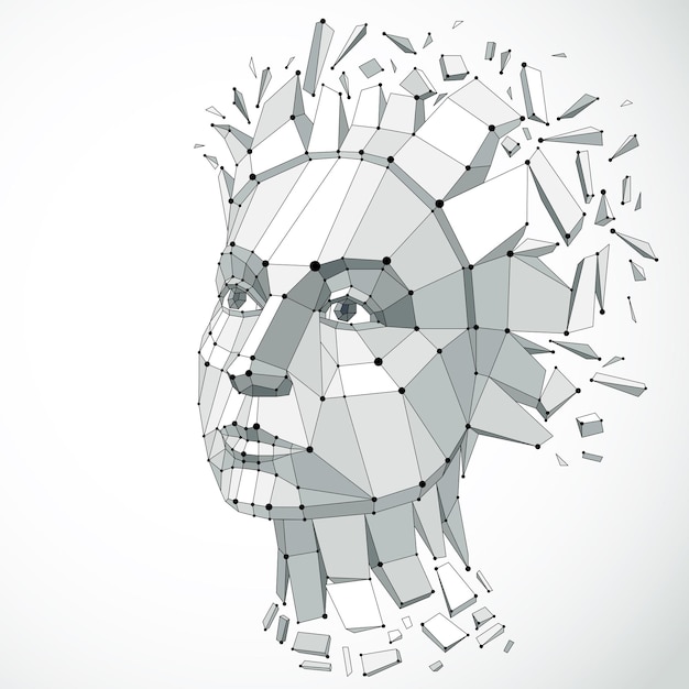 Vector dimensional low poly female portrait with lines mesh, graphic illustration of human head broken into fragments. 3d demolished wireframe object created with fractures and different particles.