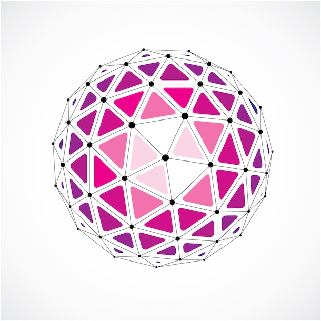 Vector vector dimensional wireframe low poly object, purple spherical shape with black grid. technology 3d mesh element made using triangular facets for use as design form in engineering.